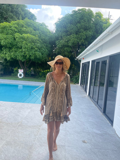 sequin dress(Ibiza) - Mink and cream  tye dye with gold stitching and sequins