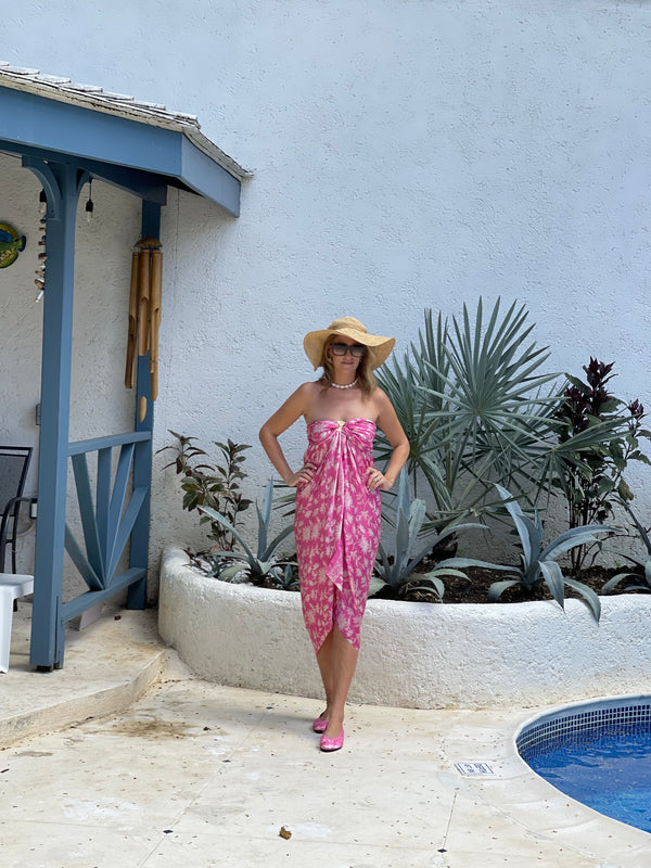 Pink silk sarong with white flowers