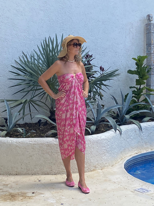 Pink silk sarong with white flowers