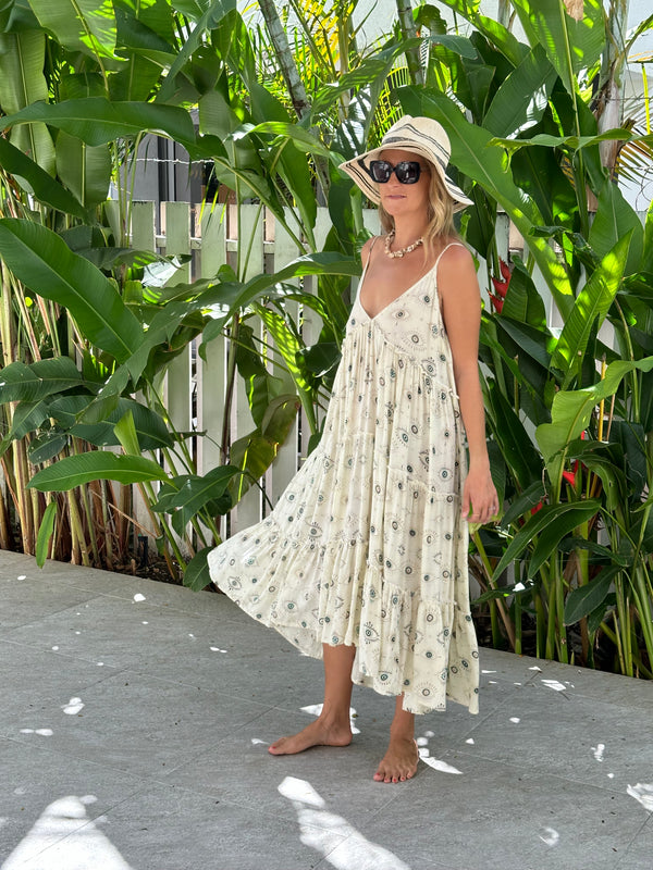 Sun dress  large ruffles  adjustable straps elastic back Calf length ( one size)