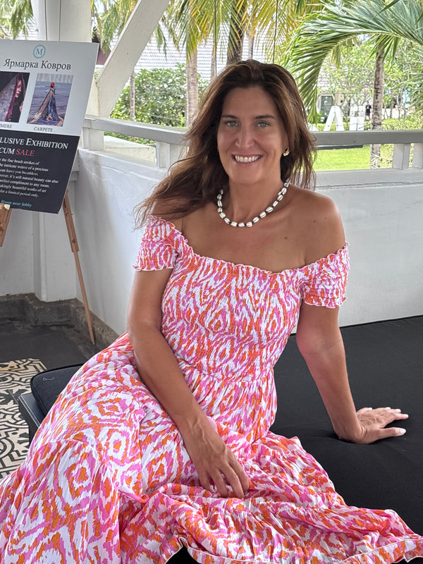Pink and Orange Sun dress with ruched bodice and on/off shoulder, tiered ruffle skirt
