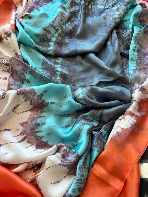 Tye dye stunning  SILK Teracotta, silver grey and blues circular 'Teracotta Lagoon' - Limited edition