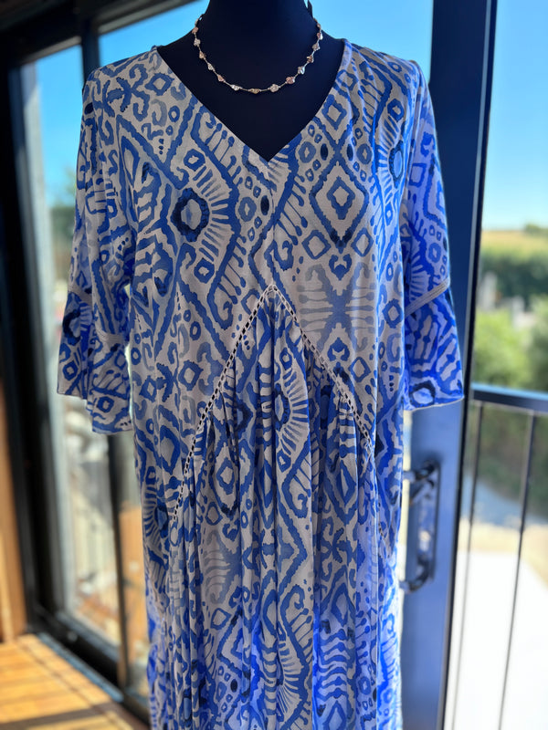 Amanda Dress, blue and white ikat