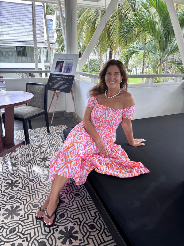 Pink and Orange Sun dress with ruched bodice and on/off shoulder, tiered ruffle skirt