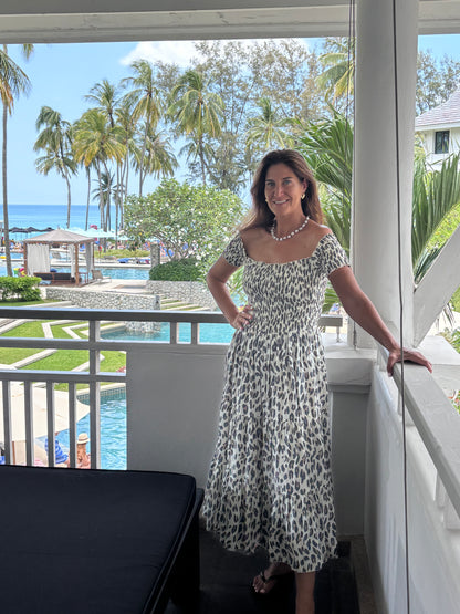 Leopard Print Sun dress ruched bodice on/off shoulders and tiered ruffle skirt