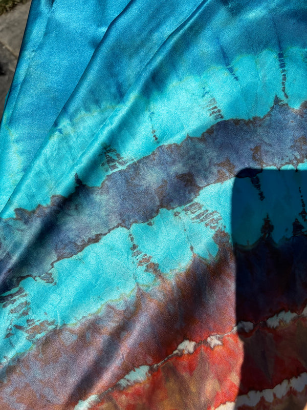 Tye dye stunning  SILK Teracotta, silver grey and blues circular 'Teracotta Lagoon' - Limited edition