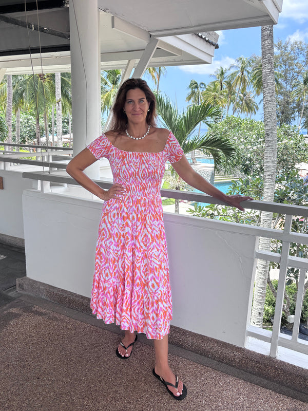 Pink and Orange Sun dress with ruched bodice and on/off shoulder, tiered ruffle skirt