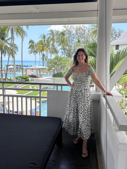 Leopard Print Sun dress ruched bodice on/off shoulders and tiered ruffle skirt
