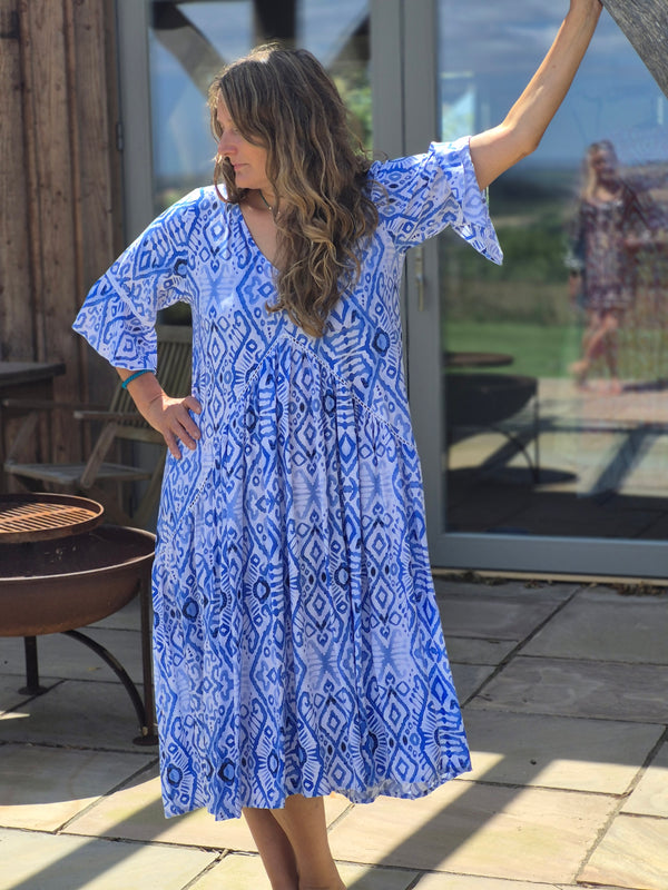 Amanda Dress, blue and white ikat