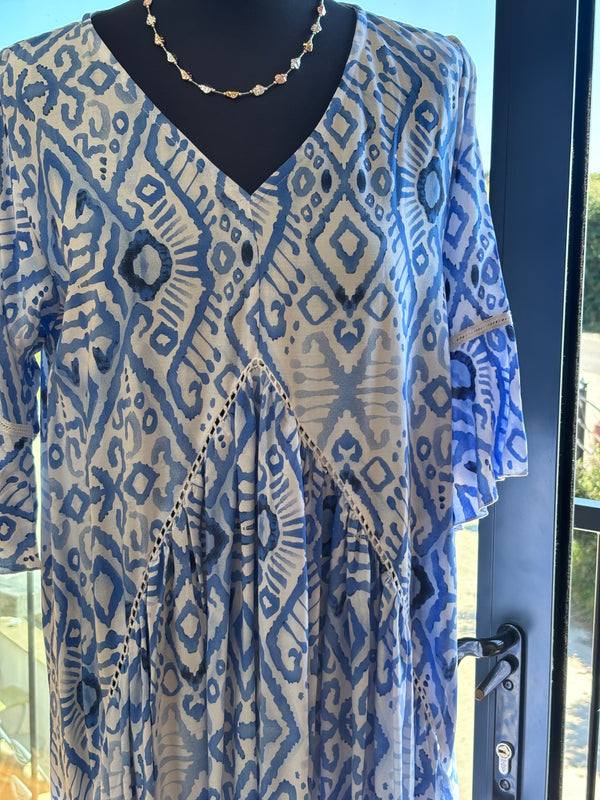 Amanda Dress, blue and white ikat