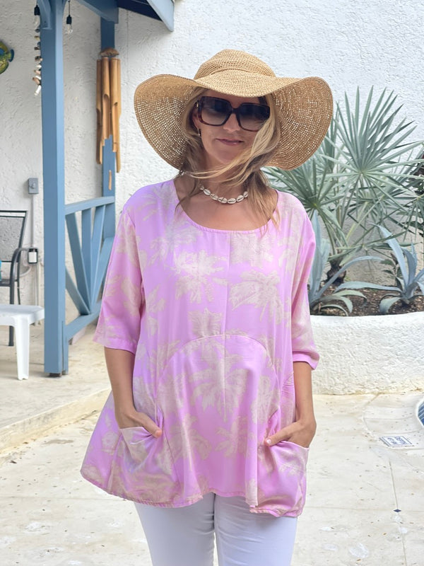 Summer Smock Top - Blue Palm Tree with  2 Pockets