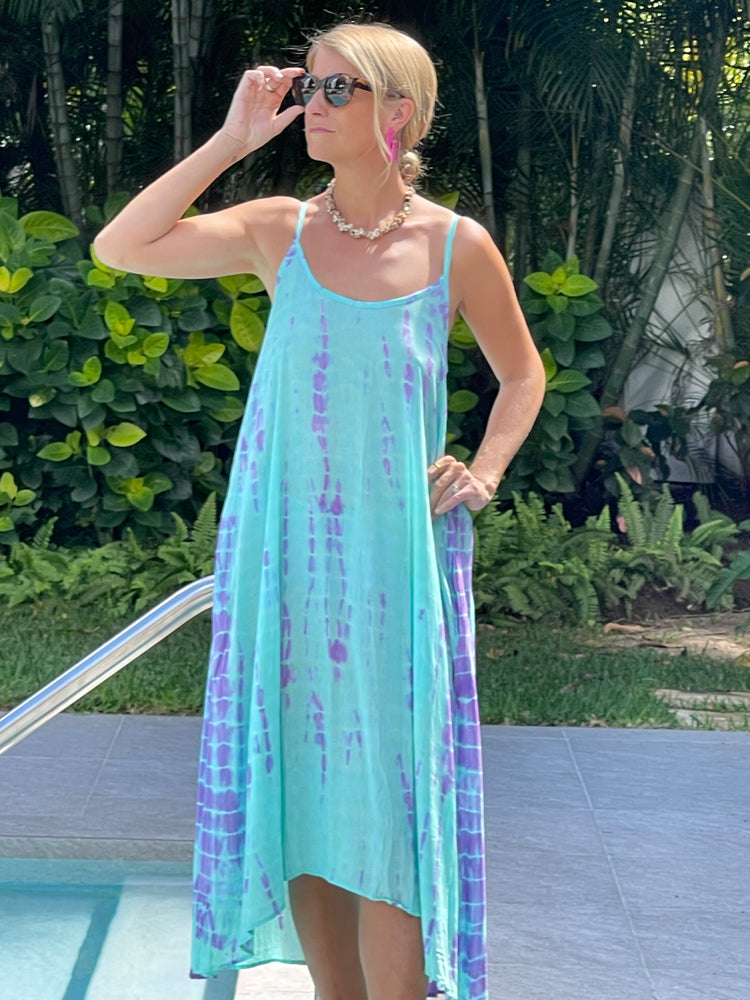 Sundress with pockets - Turquoise and Lilac tye dye- one size