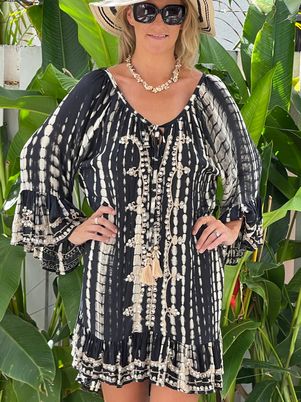 Kaftan sequin  Ibiza  beach cover up  - Tye dye  black and gold one size