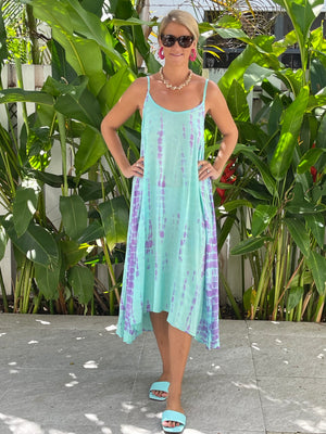 Sundress with pockets - Turquoise and Lilac tye dye- one size