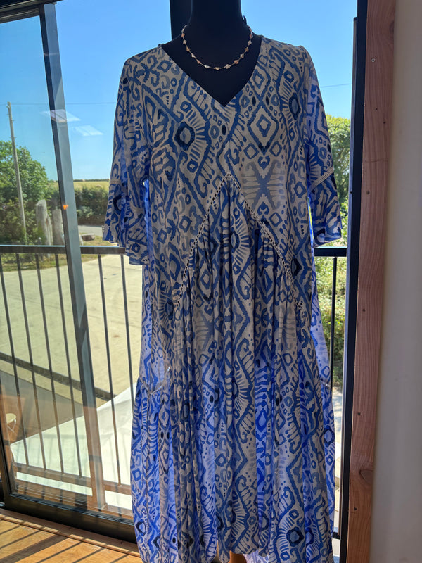 Amanda Dress, blue and white ikat