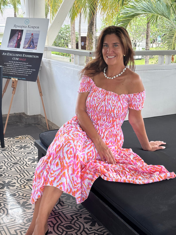 Pink and Orange Sun dress with ruched bodice and on/off shoulder, tiered ruffle skirt