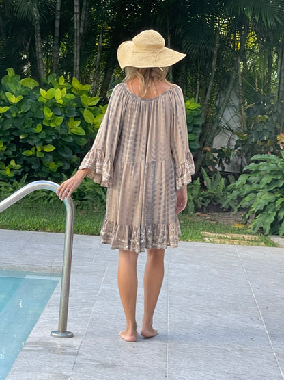 sequin dress(Ibiza) - Mink and cream  tye dye with gold stitching and sequins