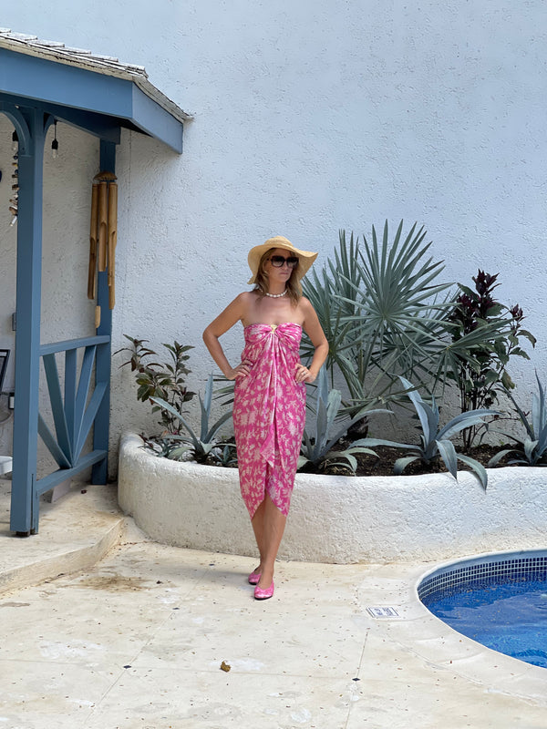 Pink silk sarong with white flowers