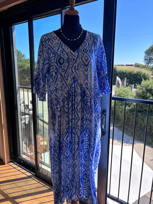 Amanda Dress, blue and white ikat