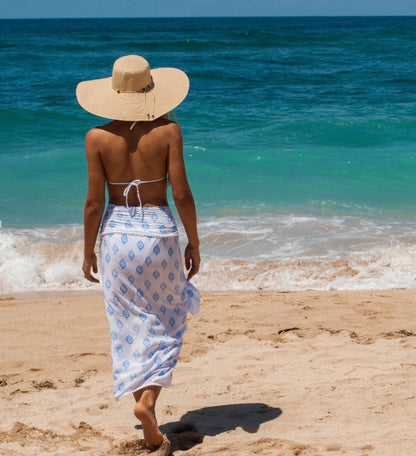 Boho -  Blue & white - voile with white  pom pom trim