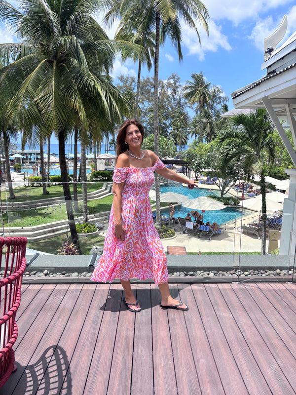 Pink and Orange Sun dress with ruched bodice and on/off shoulder, tiered ruffle skirt