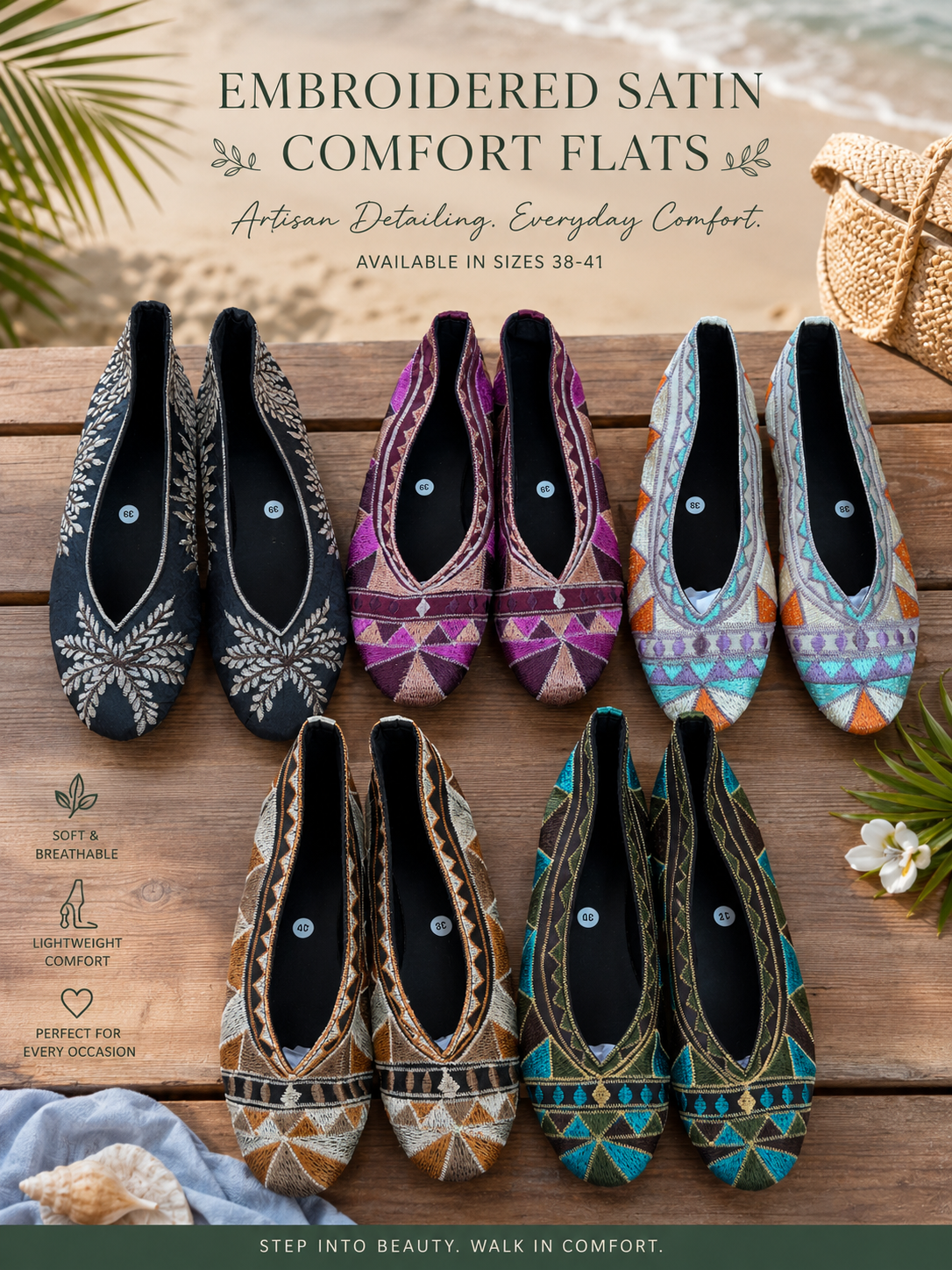 Embroidered  ballet pumps with a rubber sole.