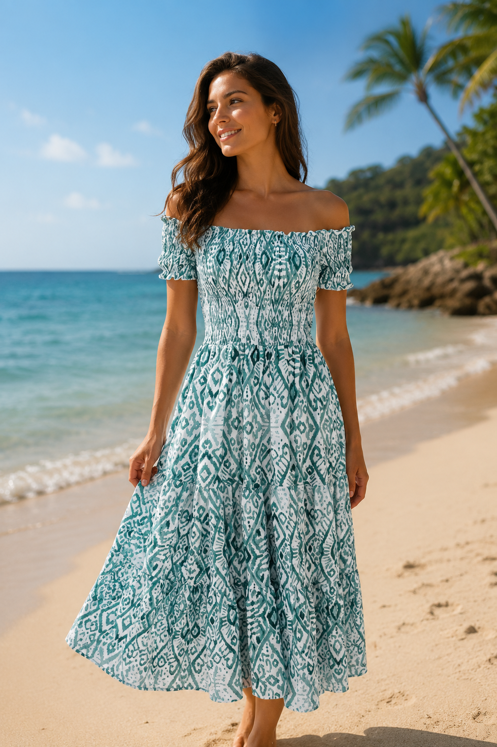 Sun dress ruched bodice on/off shoulders and tiered ruffle skirt 4 colours
