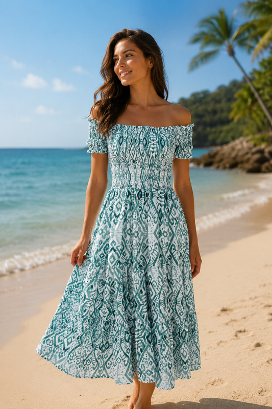 Sun dress ruched bodice on/off shoulders and tiered ruffle skirt 4 colours