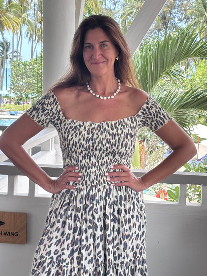 Leopard Print Sun dress ruched bodice on/off shoulders and tiered ruffle skirt