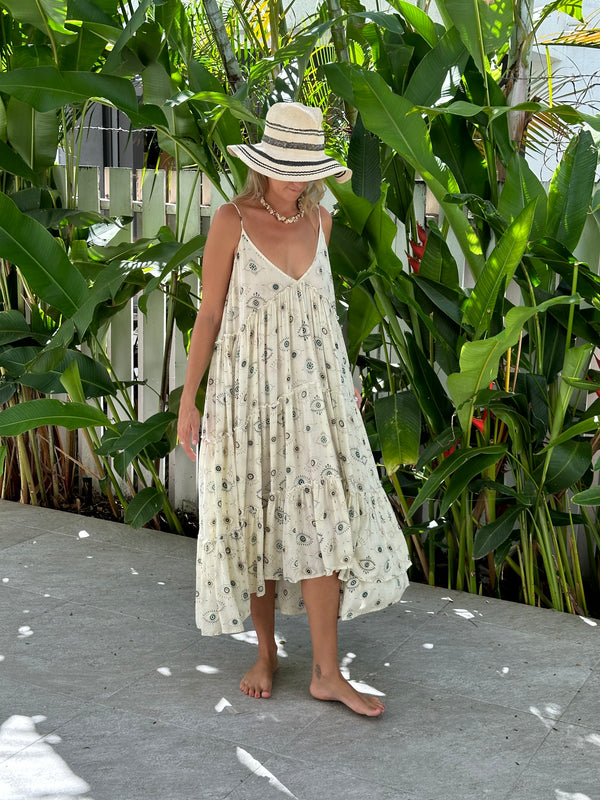 Sun dress  large ruffles  adjustable straps elastic back Calf length ( one size)