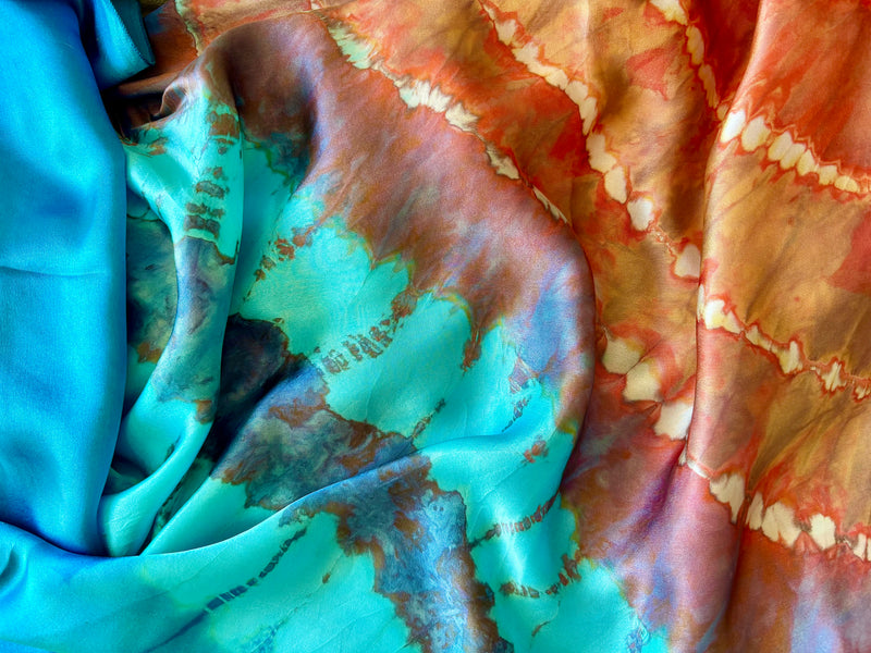 Tye dye stunning  SILK Teracotta, silver grey and blues circular 'Teracotta Lagoon' - Limited edition