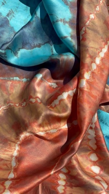 Tye dye stunning  SILK Teracotta, silver grey and blues circular 'Teracotta Lagoon' - Limited edition