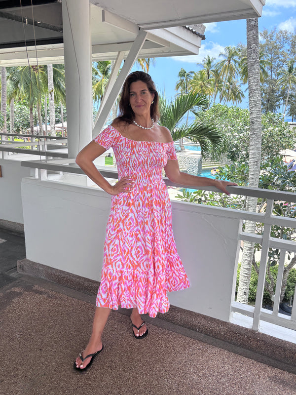 Pink and Orange Sun dress with ruched bodice and on/off shoulder, tiered ruffle skirt