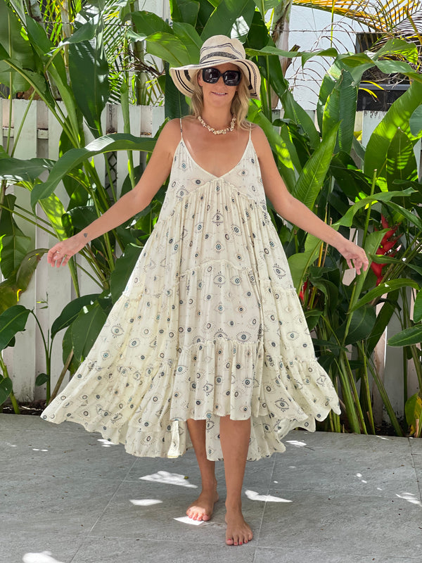 Sun dress  large ruffles  adjustable straps elastic back Calf length ( one size)