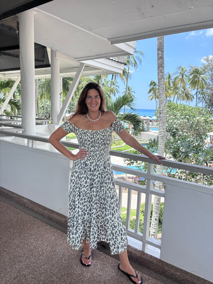 Leopard Print Sun dress ruched bodice on/off shoulders and tiered ruffle skirt