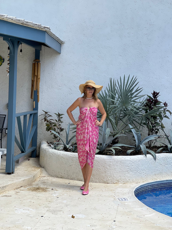 Pink silk sarong with white flowers