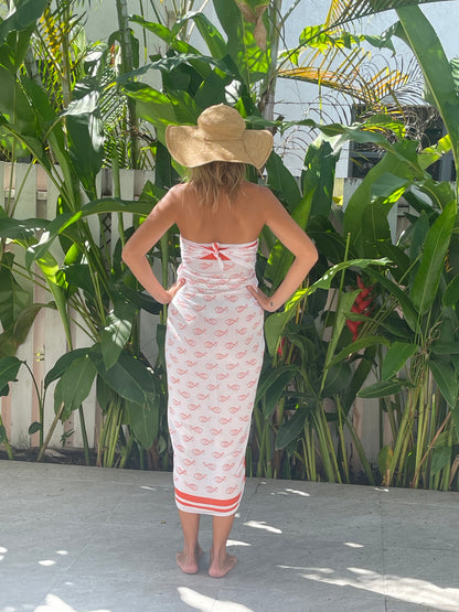 voile coral and white sarong with fish design on white voile