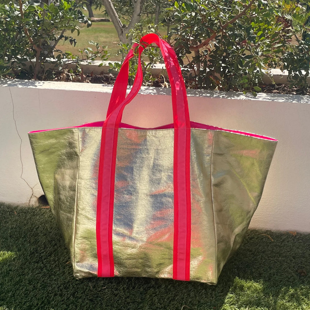 Sheeny Gold Beach Bag with Pink and White Strap