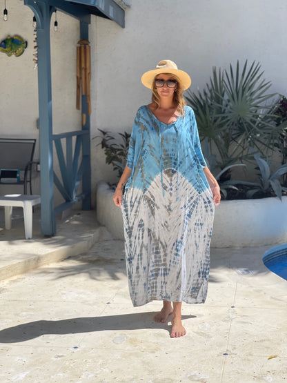Kaftan Maxi One Size - Blue and white tye dye one size
