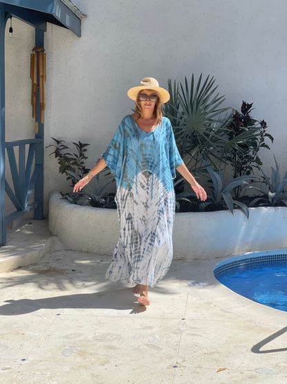 Kaftan Maxi One Size - Blue and white tye dye one size