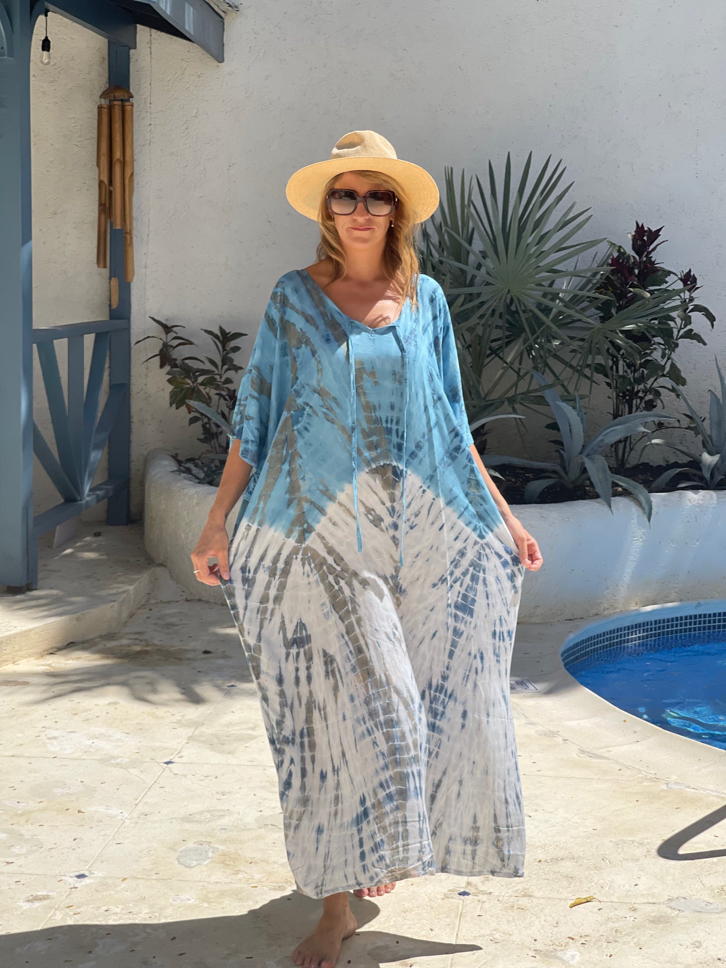 Kaftan Maxi One Size - Blue and white tye dye one size