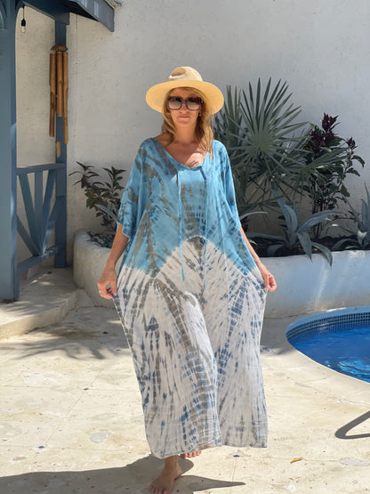 Kaftan Maxi One Size - Blue and white tye dye one size