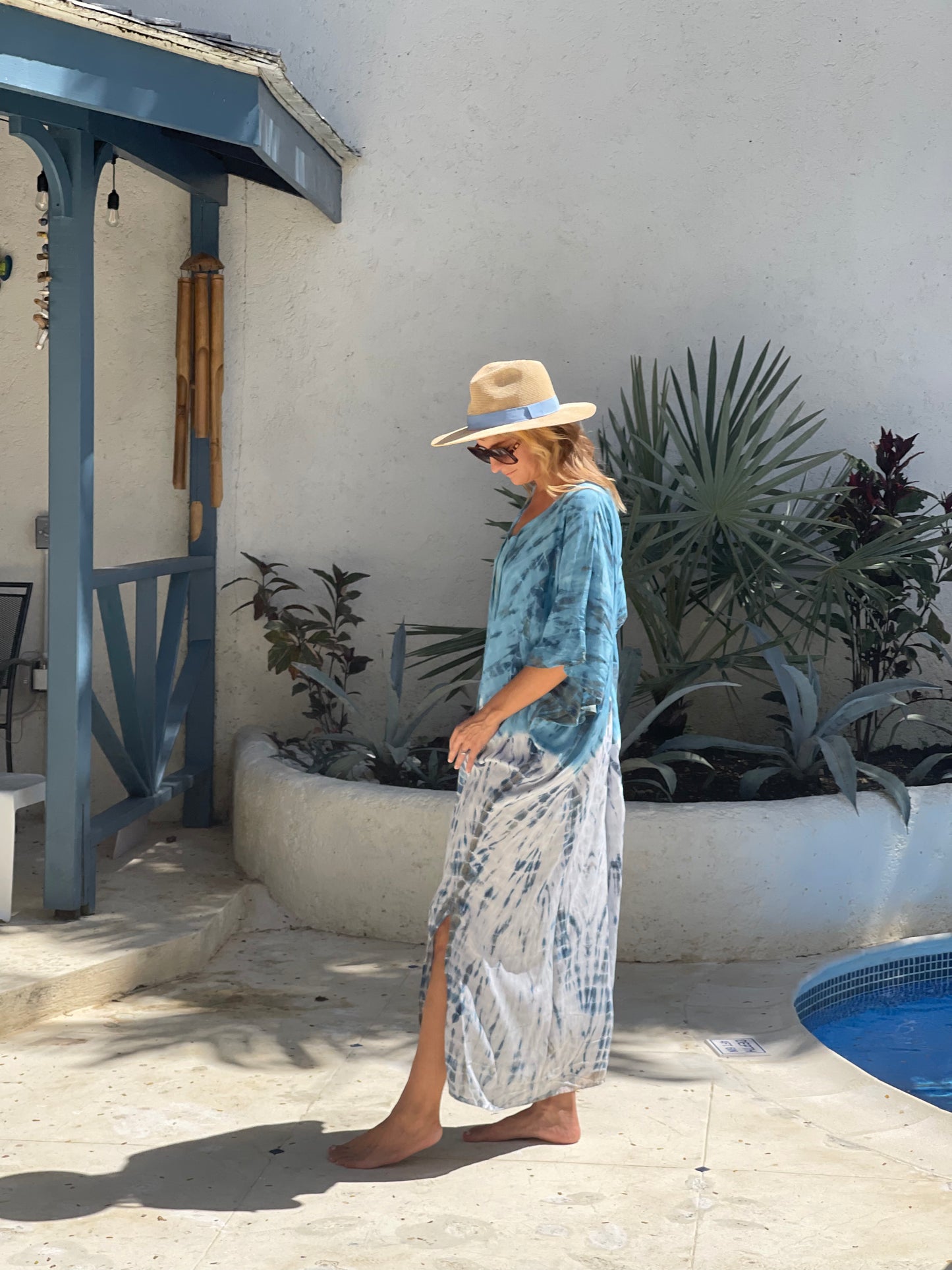 Kaftan Maxi One Size - Blue and white tye dye one size