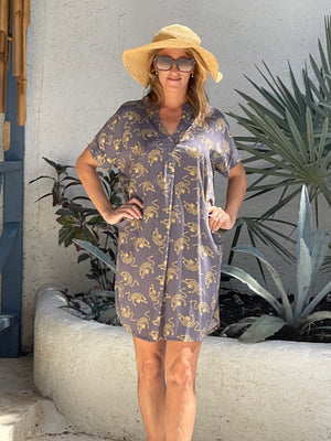 Dress One Size - Charcoal Grey with Gold Leopards