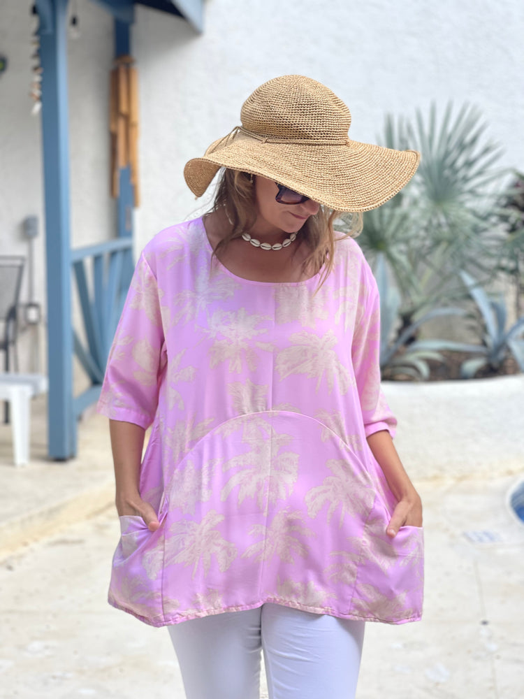 Summer Smock Top - Pink palm trees with 2 pockets