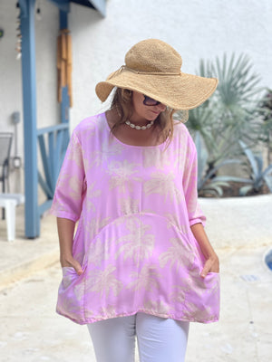 Summer Smock Top - Pink palm trees with 2 pockets