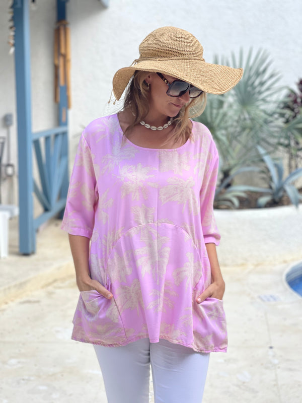Summer Smock Top - Pink palm trees with 2 pockets