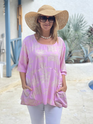 Summer Smock Top - Pink palm trees with 2 pockets