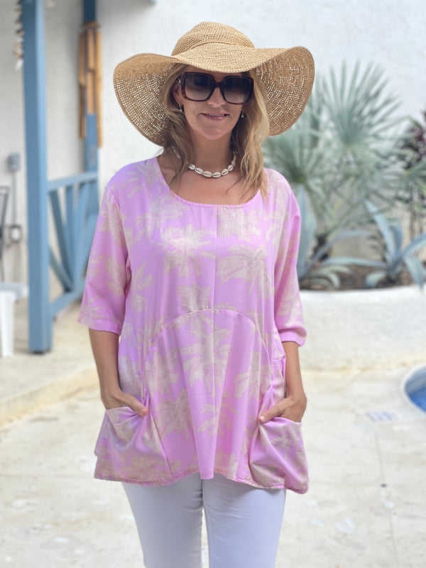 Summer Smock Top - Pink palm trees with 2 pockets