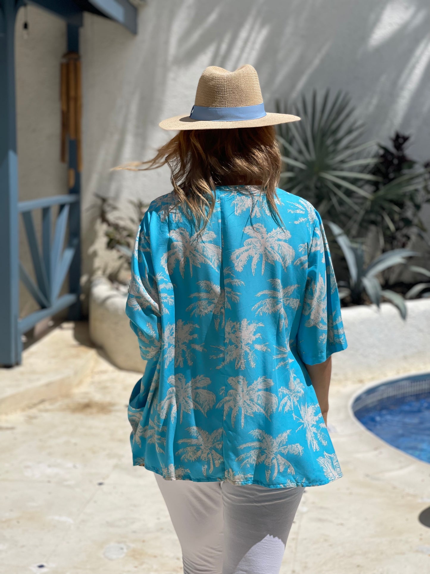 Summer Smock Top - Blue Palm Tree with  2 Pockets